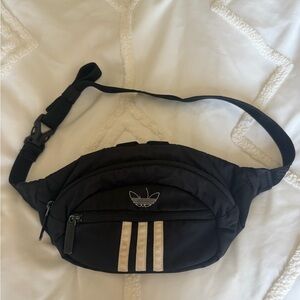 adidas Black Waist Pack with Cream Stripes and Trefoil